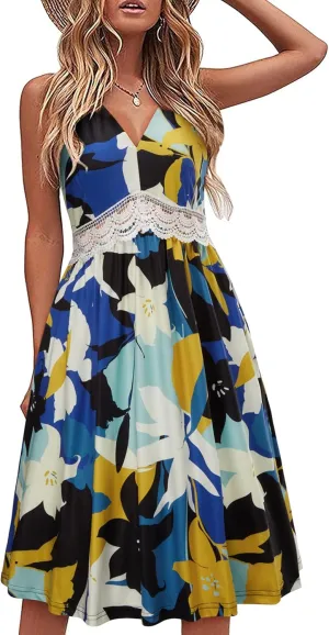 LAISHEN Women's 2024 Summer Casual Sundress V Neck Spaghetti Strap Lace Floral Beach Vacation Midi Dress