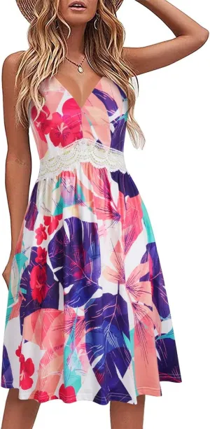 LAISHEN Women's 2024 Summer Casual Sundress V Neck Spaghetti Strap Lace Floral Beach Vacation Midi Dress