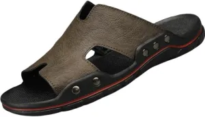 Large-sized men's cowhide slippers with soft soles and exposed toes, breathable, casual and fashionable sandals