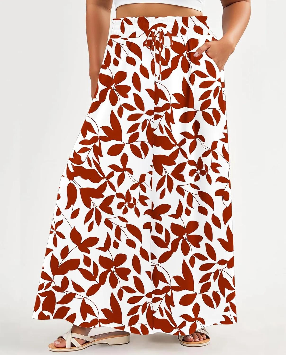 Lastshe Women's Plus Size Pants Wide Leg High Waist Flowy Casual Palazzo 2025 Summer Lounge Boho Beach Trousers Pockets
