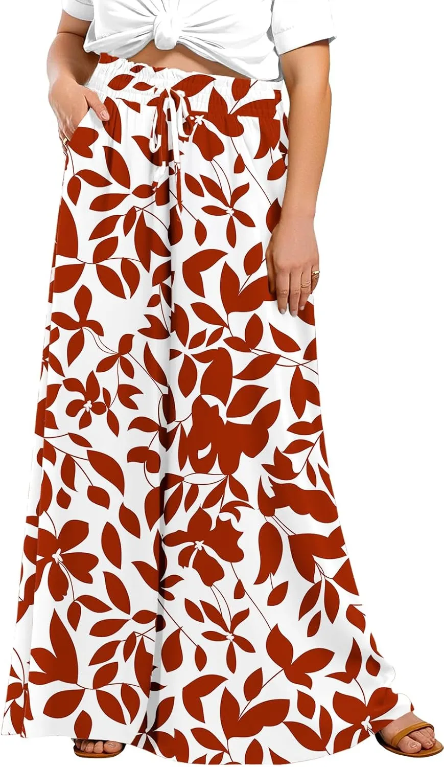 Lastshe Women's Plus Size Pants Wide Leg High Waist Flowy Casual Palazzo 2025 Summer Lounge Boho Beach Trousers Pockets