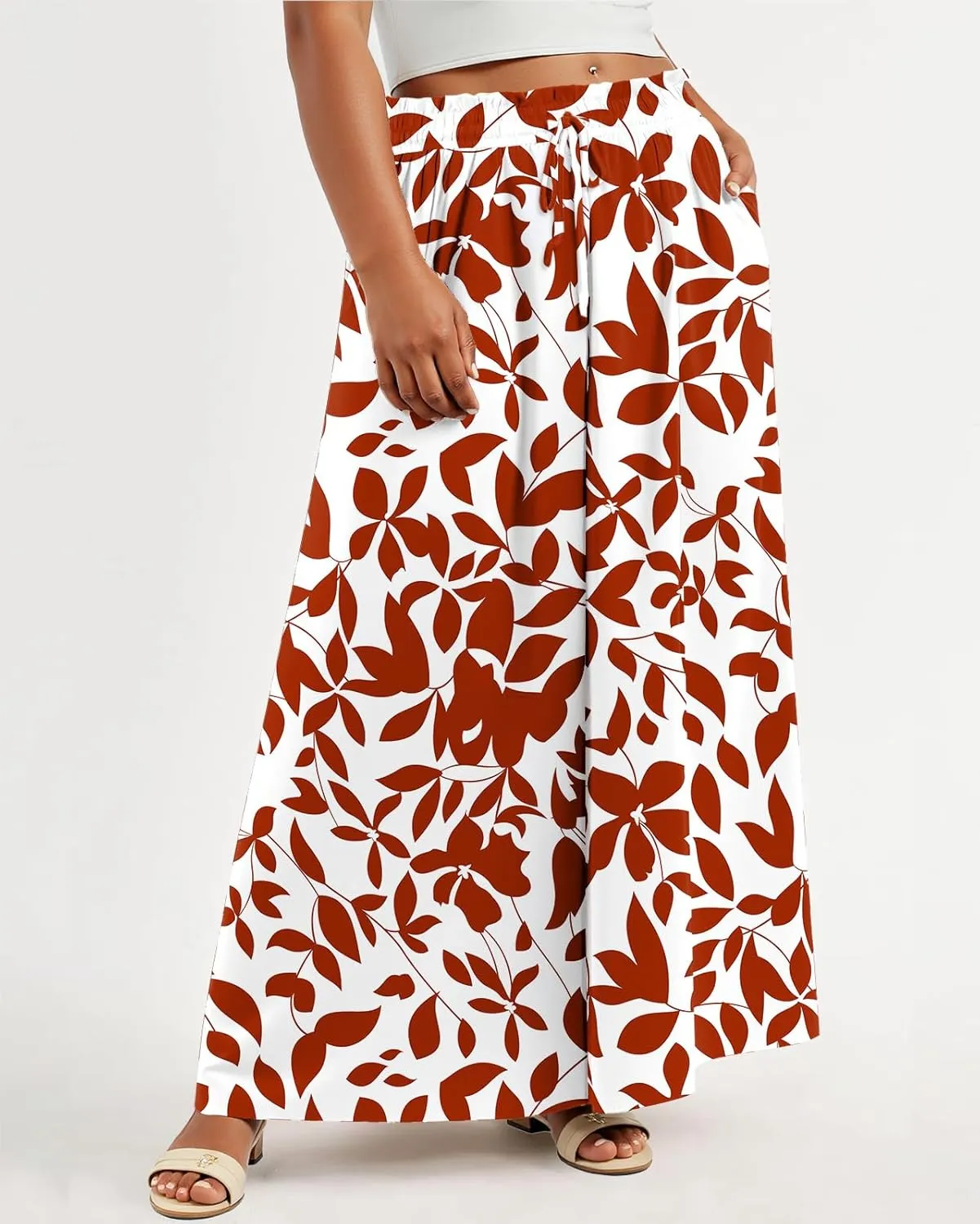 Lastshe Women's Plus Size Pants Wide Leg High Waist Flowy Casual Palazzo 2025 Summer Lounge Boho Beach Trousers Pockets