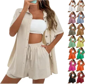 Linen Shorts Sets Women 2 Piece Outfits Linen Button Down Shirt Casual Shorts Matching Sets Boho Summer Beach Outfits
