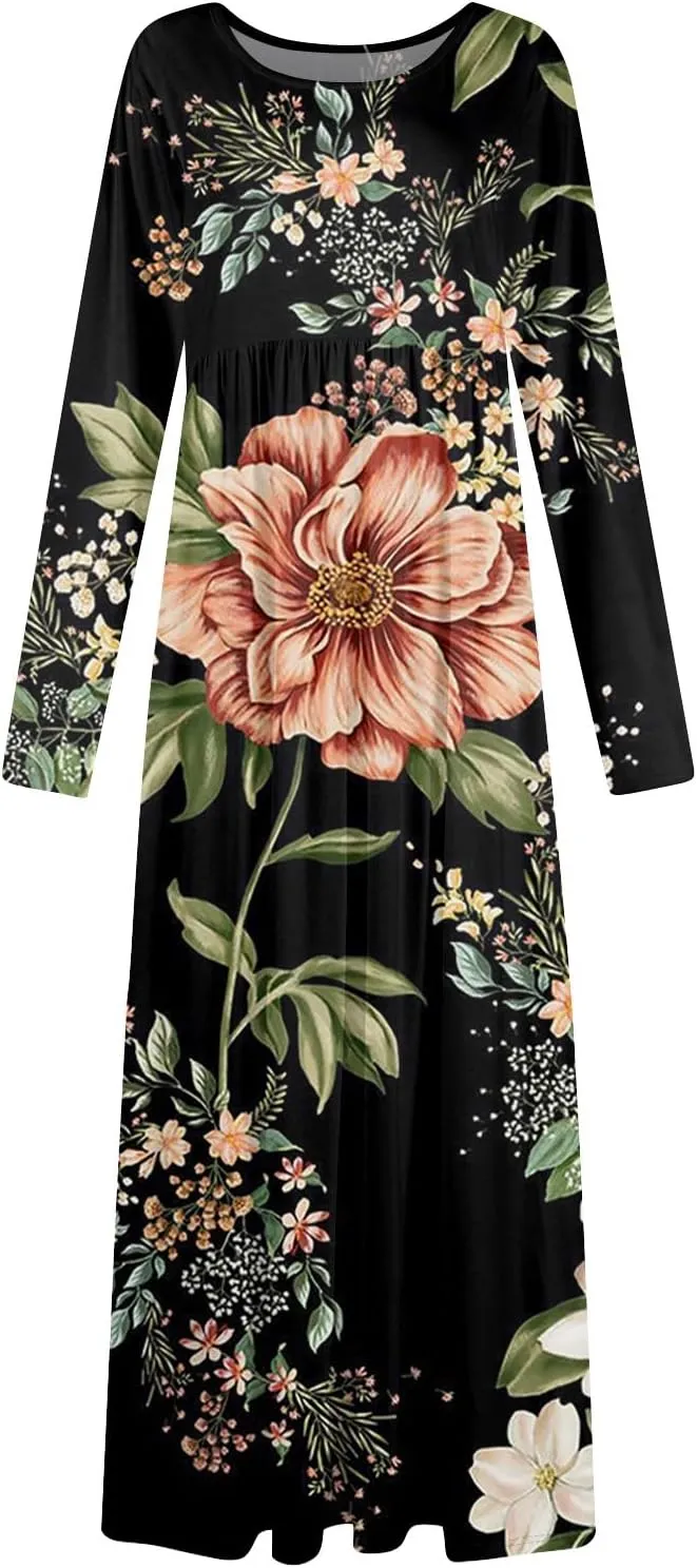 Long Sleeve Maxi Dress for Women Elegant Crew Neck Flowy Swing Dresses Solid Color Wedding Guest Dresses