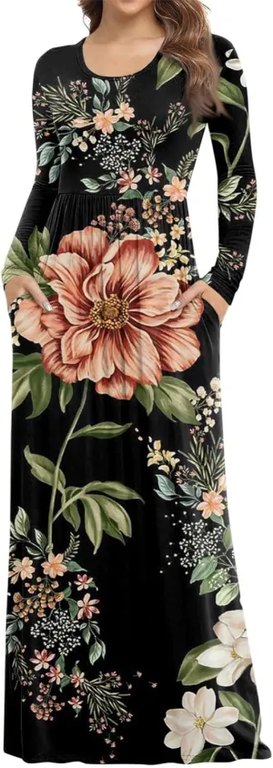Long Sleeve Maxi Dress for Women Elegant Crew Neck Flowy Swing Dresses Solid Color Wedding Guest Dresses