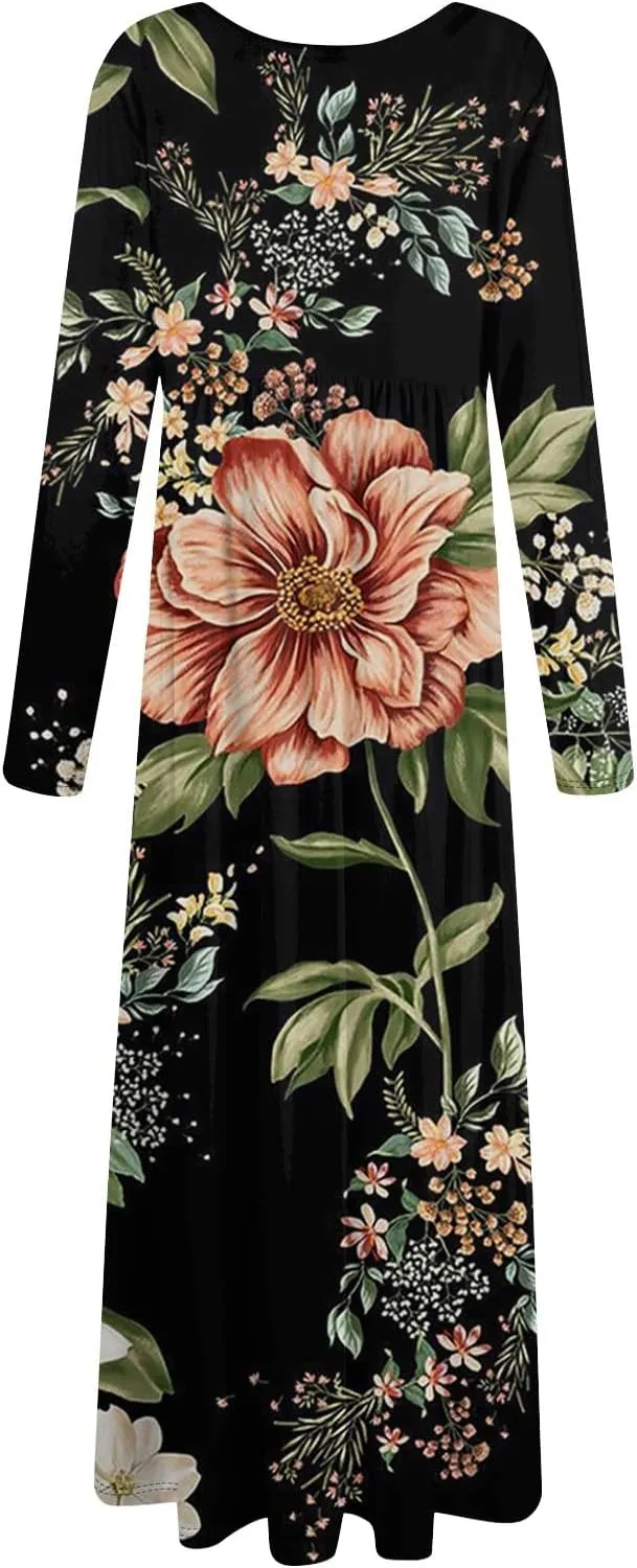 Long Sleeve Maxi Dress for Women Elegant Crew Neck Flowy Swing Dresses Solid Color Wedding Guest Dresses
