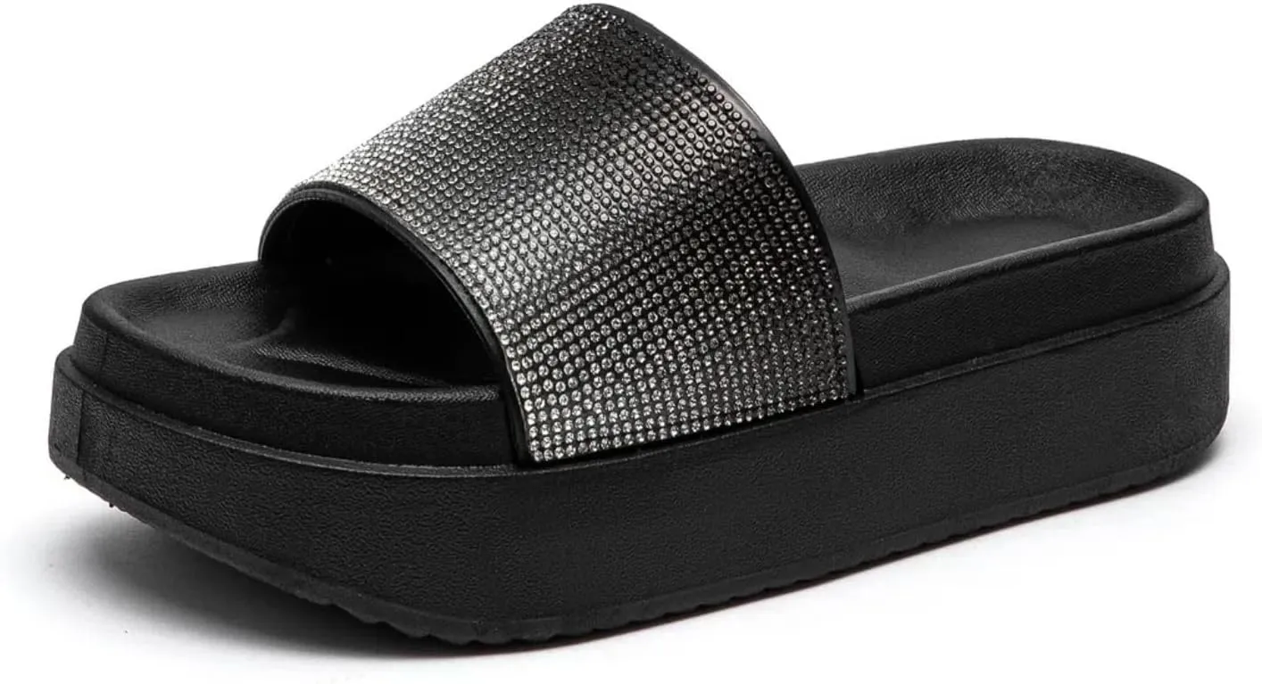 Lryweisy Slippers for Women Sandals Comfort Slides Rhinestone Glitter Shoes