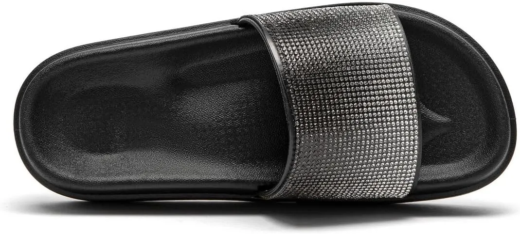 Lryweisy Slippers for Women Sandals Comfort Slides Rhinestone Glitter Shoes