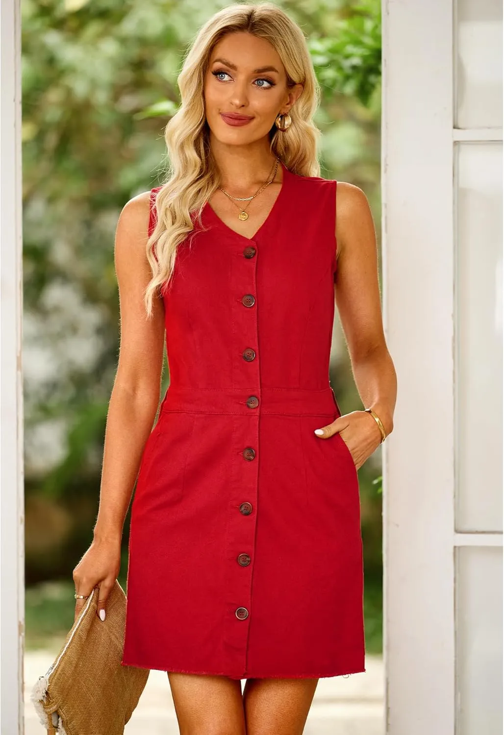 luvamia Women's Casual V Neck Sleeveless Jeans Button Down Denim Short Dress