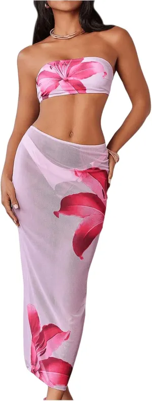 MakeMeChic Women's Bikini Sets Floral Print Bandeau Swimsuit with Mesh Sheer Beach Skirt