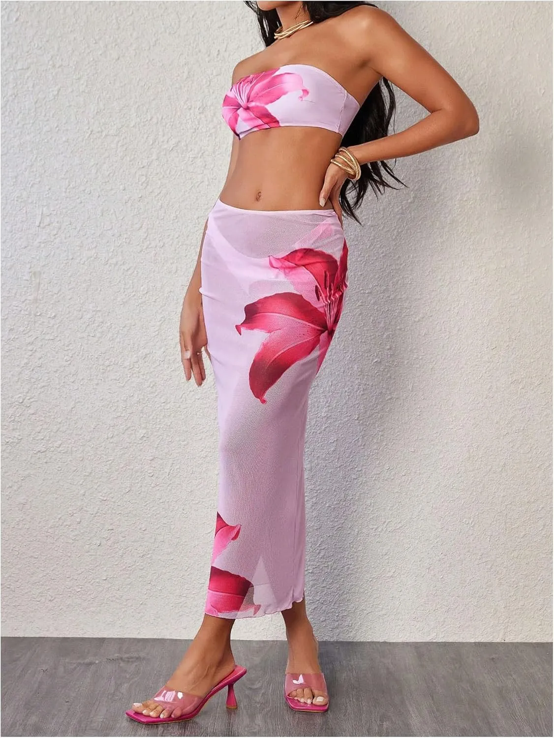 MakeMeChic Women's Bikini Sets Floral Print Bandeau Swimsuit with Mesh Sheer Beach Skirt