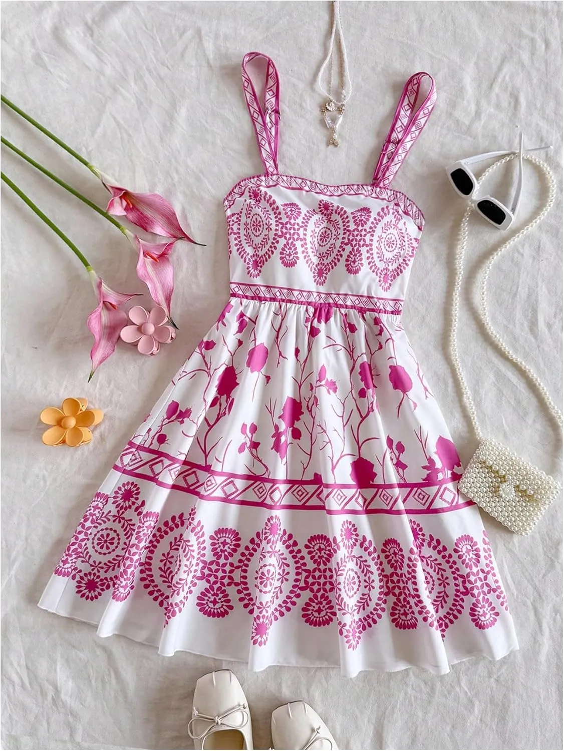MakeMeChic Women's Summer Tribal Print Cami Dress Sleeveless A Line Flare Mini Dresses Boho Sundress