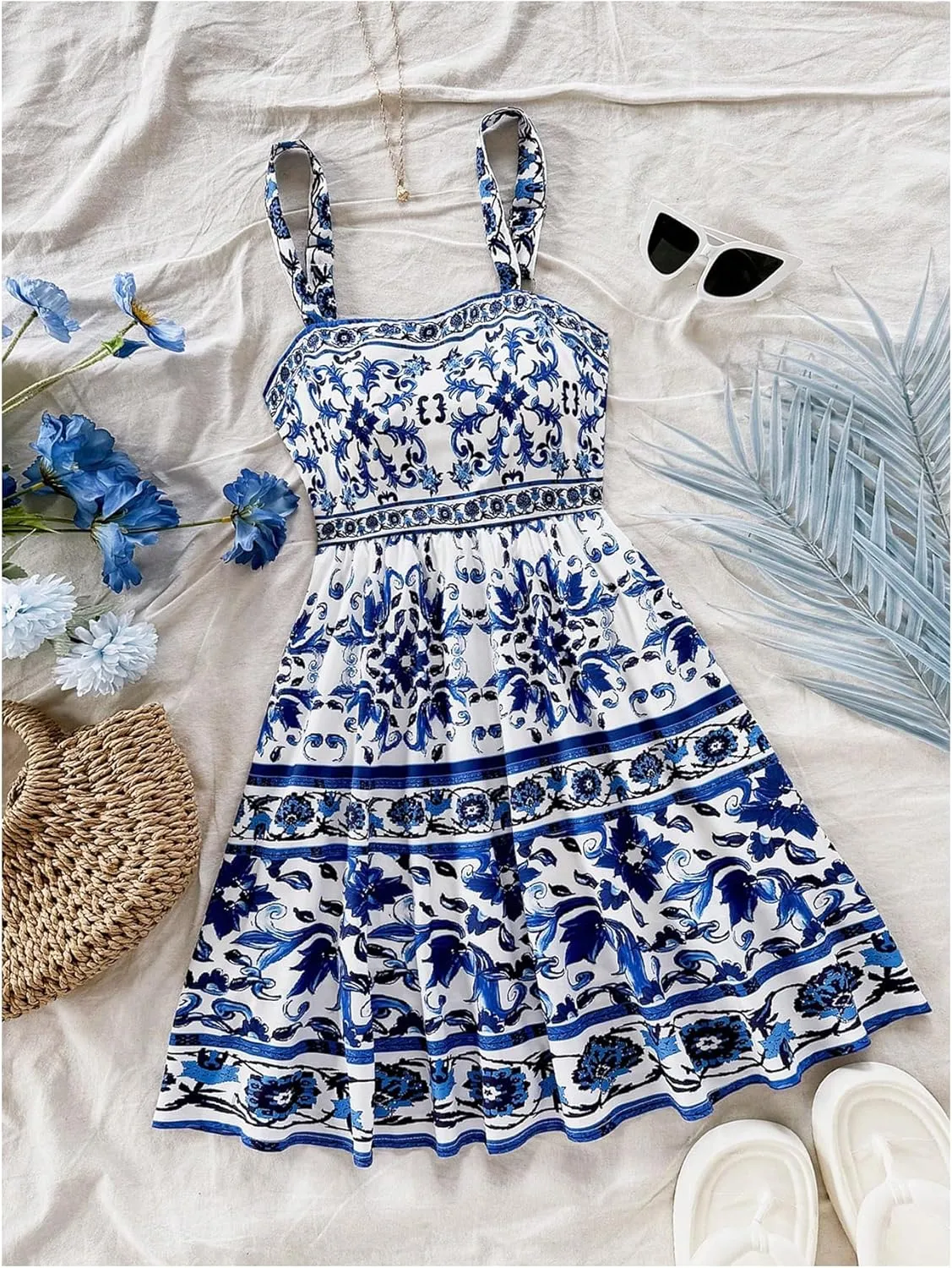 MakeMeChic Women's Summer Tribal Print Cami Dress Sleeveless A Line Flare Mini Dresses Boho Sundress