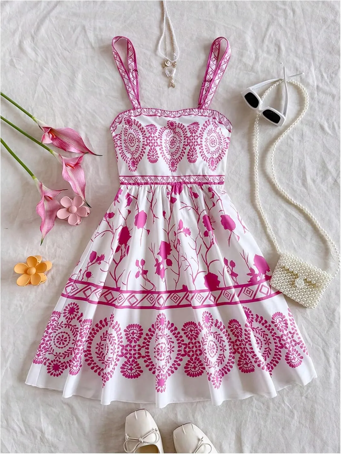 MakeMeChic Women's Summer Tribal Print Cami Dress Sleeveless A Line Flare Mini Dresses Boho Sundress