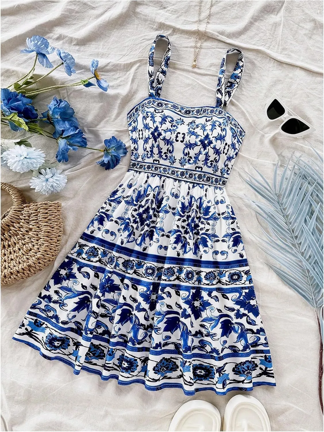 MakeMeChic Women's Summer Tribal Print Cami Dress Sleeveless A Line Flare Mini Dresses Boho Sundress