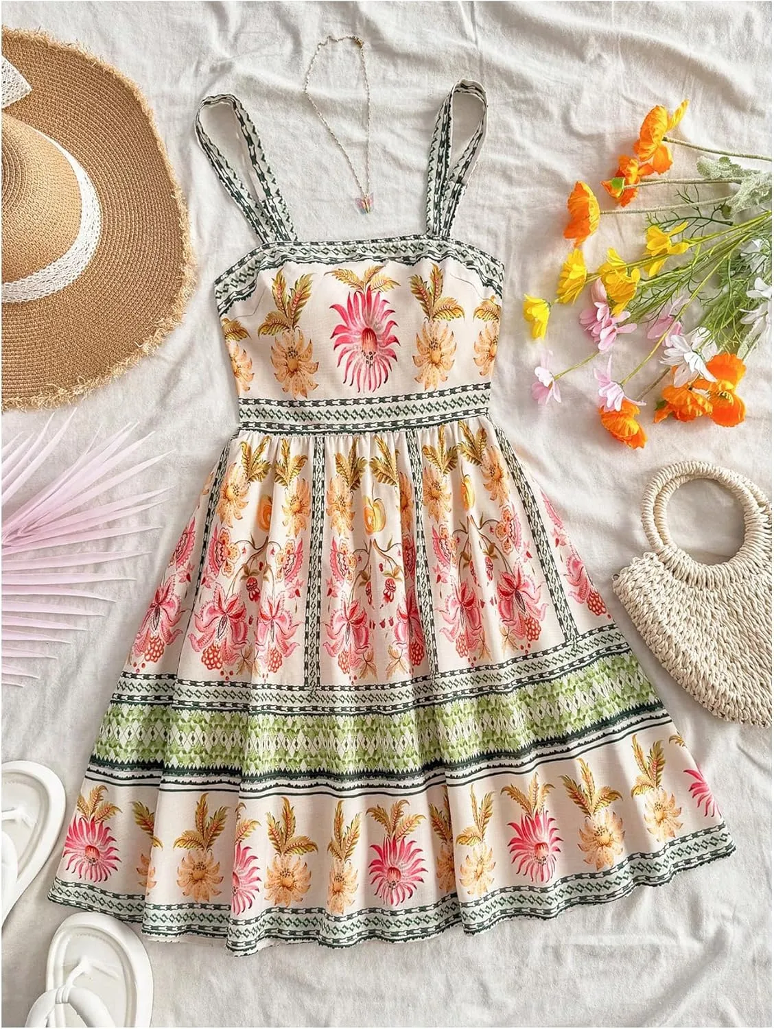 MakeMeChic Women's Summer Tribal Print Cami Dress Sleeveless A Line Flare Mini Dresses Boho Sundress