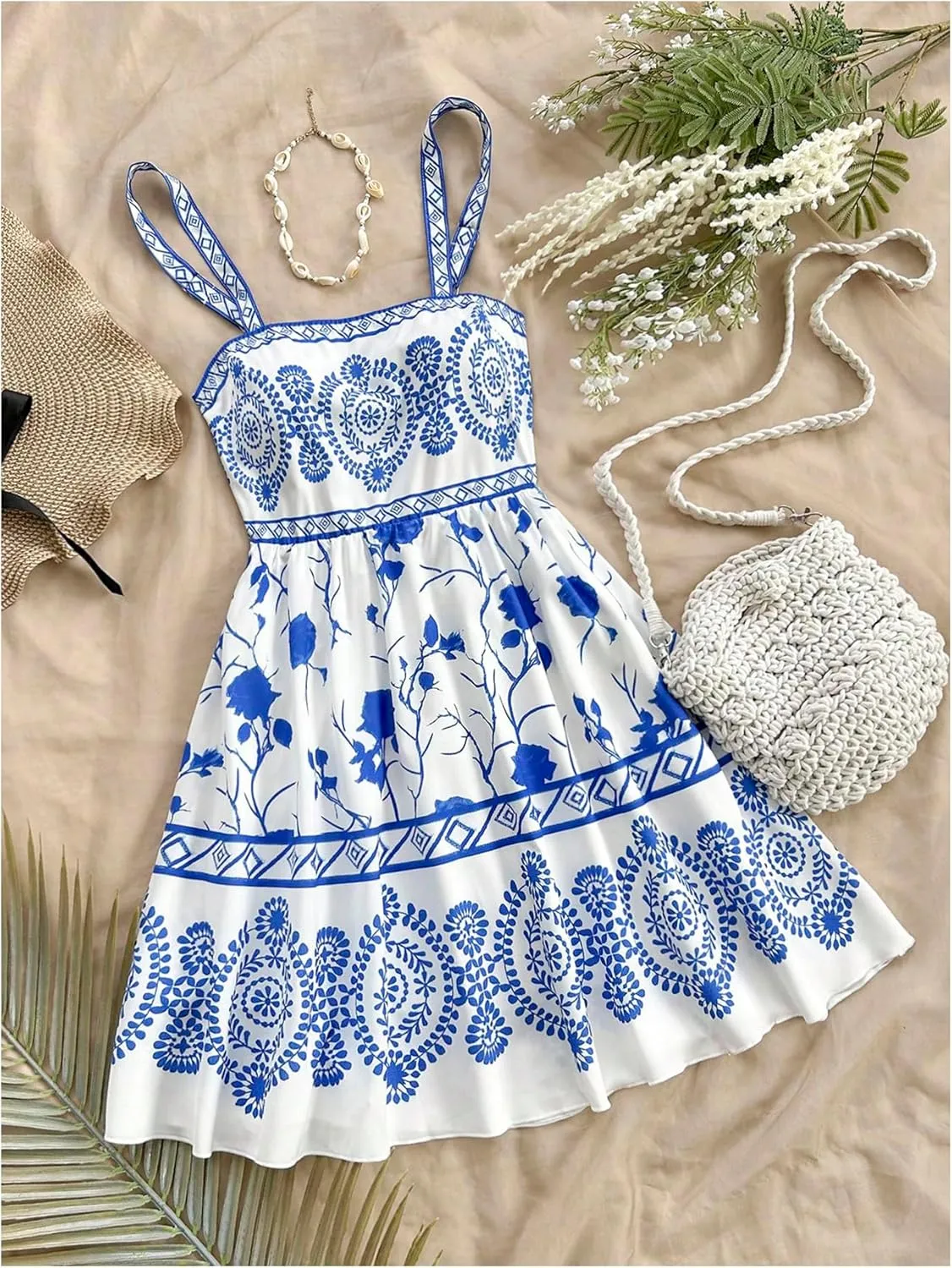 MakeMeChic Women's Summer Tribal Print Cami Dress Sleeveless A Line Flare Mini Dresses Boho Sundress