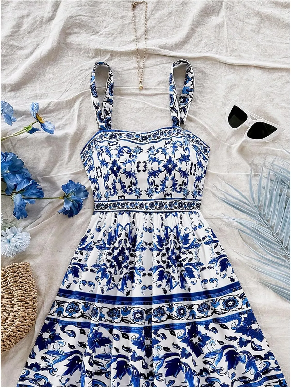MakeMeChic Women's Summer Tribal Print Cami Dress Sleeveless A Line Flare Mini Dresses Boho Sundress