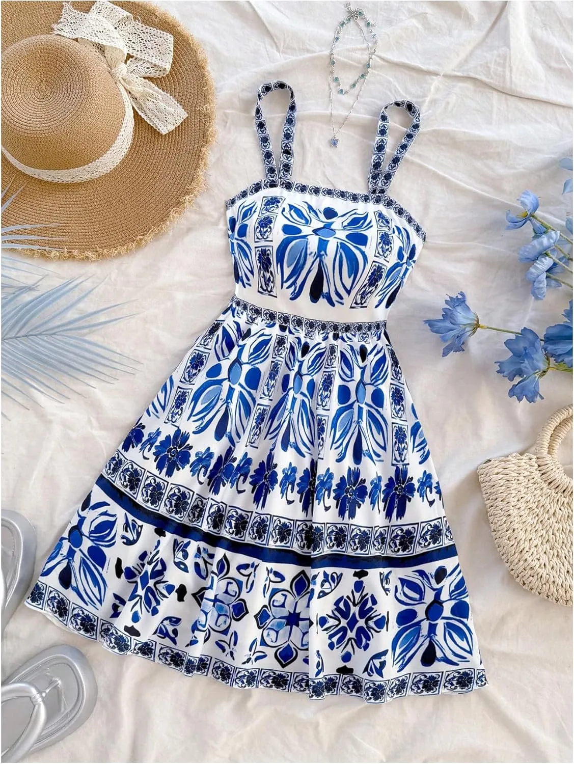 MakeMeChic Women's Summer Tribal Print Cami Dress Sleeveless A Line Flare Mini Dresses Boho Sundress