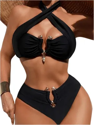 MakeMeChic Women's Two Piece Swimsuit Halter Criss Cross Backless Ring Summer Bikini Set