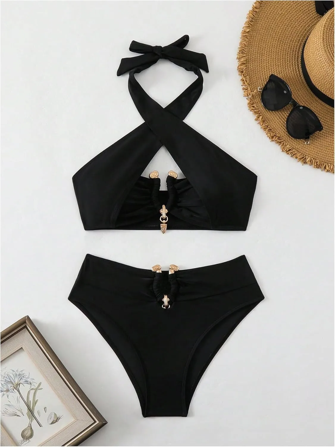 MakeMeChic Women's Two Piece Swimsuit Halter Criss Cross Backless Ring Summer Bikini Set