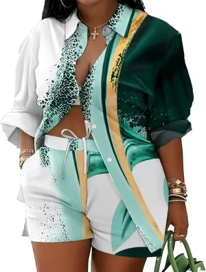 Mandonce 2 Piece Outfits for Women Long Sleeve Printed Shirt and Elastic Lace-Up Shorts with Pockets Sexy Casual Sport Set