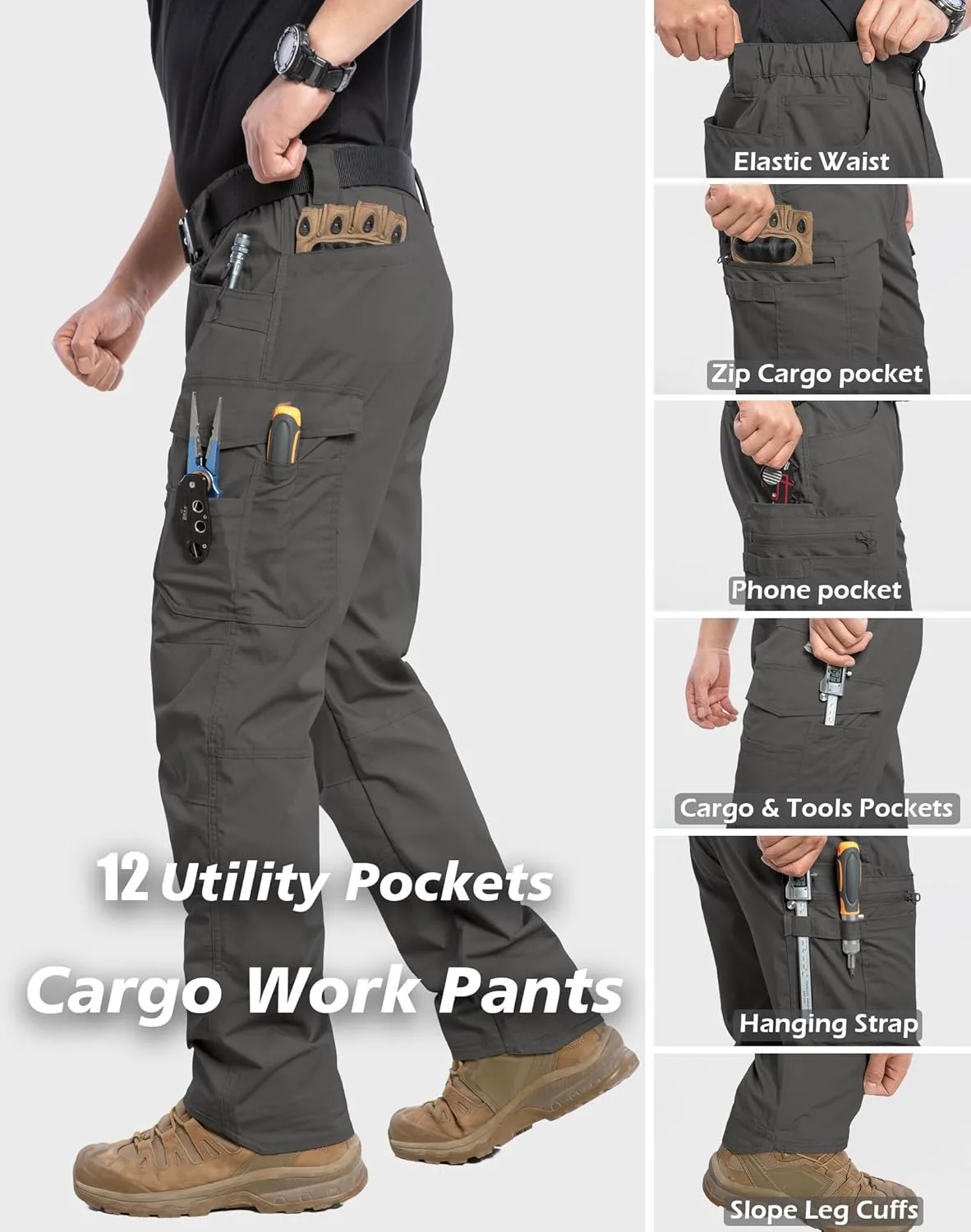 MANSDOUR Men's Ripstop Stretch Work Pants Lightweight Water Resistant Flex Cargo Pants Regular Fit EDC Utility Tactical Pants
