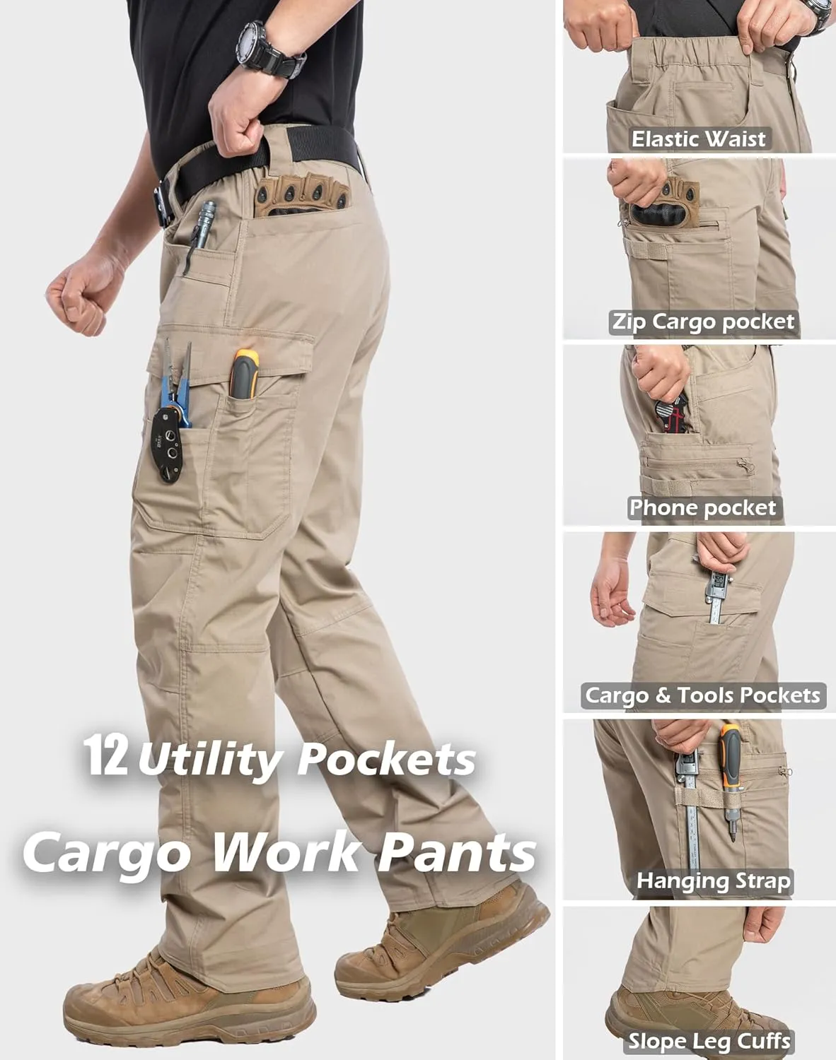 MANSDOUR Men's Ripstop Stretch Work Pants Lightweight Water Resistant Flex Cargo Pants Regular Fit EDC Utility Tactical Pants