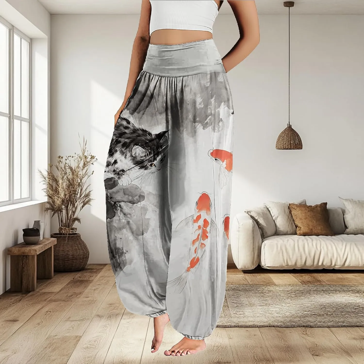 MARSVOVO Harem Pants Women Novelty Print Art Style Wide Leg Plus Size High Weist Flowy Japanese Pants