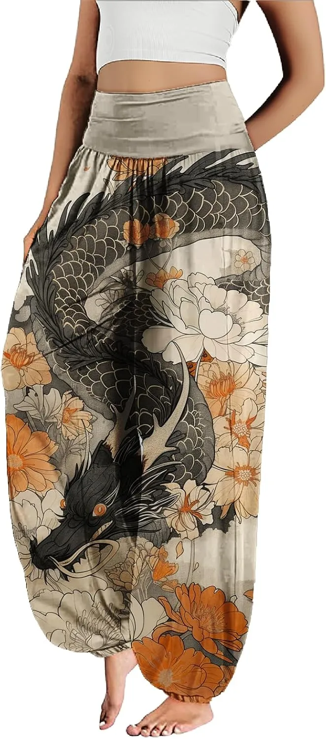 MARSVOVO Harem Pants Women Novelty Print Art Style Wide Leg Plus Size High Weist Flowy Japanese Pants