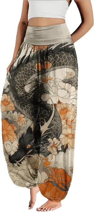 MARSVOVO Harem Pants Women Novelty Print Art Style Wide Leg Plus Size High Weist Flowy Japanese Pants
