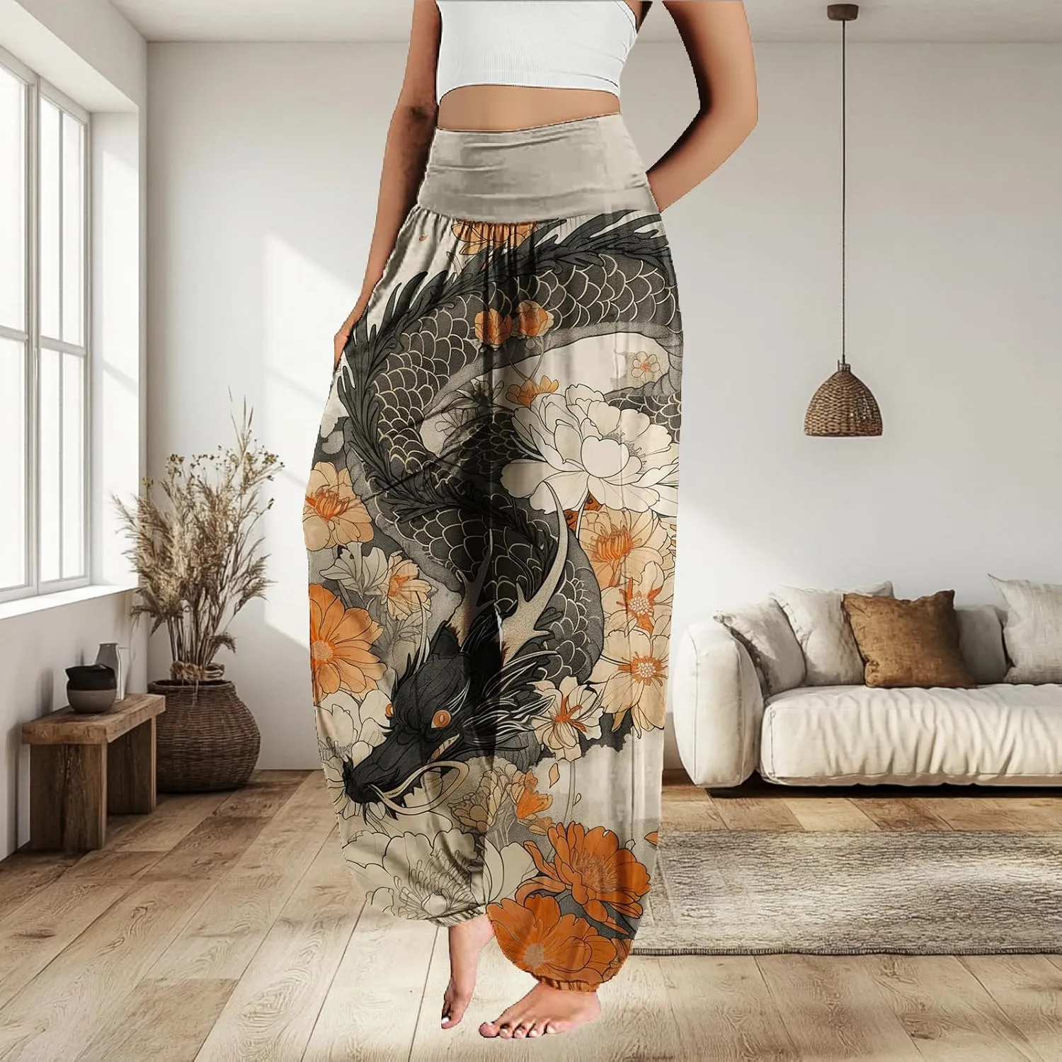 MARSVOVO Harem Pants Women Novelty Print Art Style Wide Leg Plus Size High Weist Flowy Japanese Pants