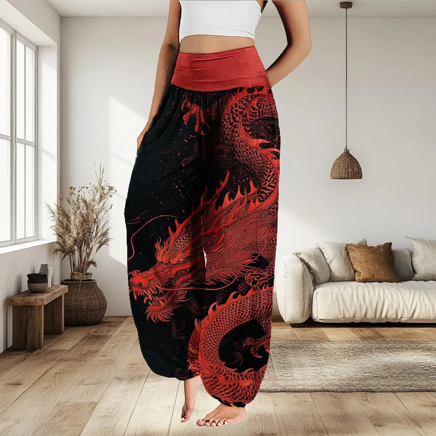 MARSVOVO Harem Pants Women Novelty Print Art Style Wide Leg Plus Size High Weist Flowy Japanese Pants