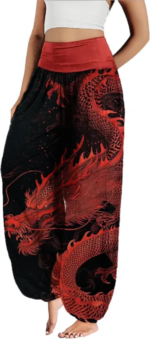 MARSVOVO Harem Pants Women Novelty Print Art Style Wide Leg Plus Size High Weist Flowy Japanese Pants