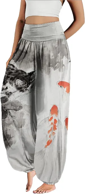 MARSVOVO Harem Pants Women Novelty Print Art Style Wide Leg Plus Size High Weist Flowy Japanese Pants