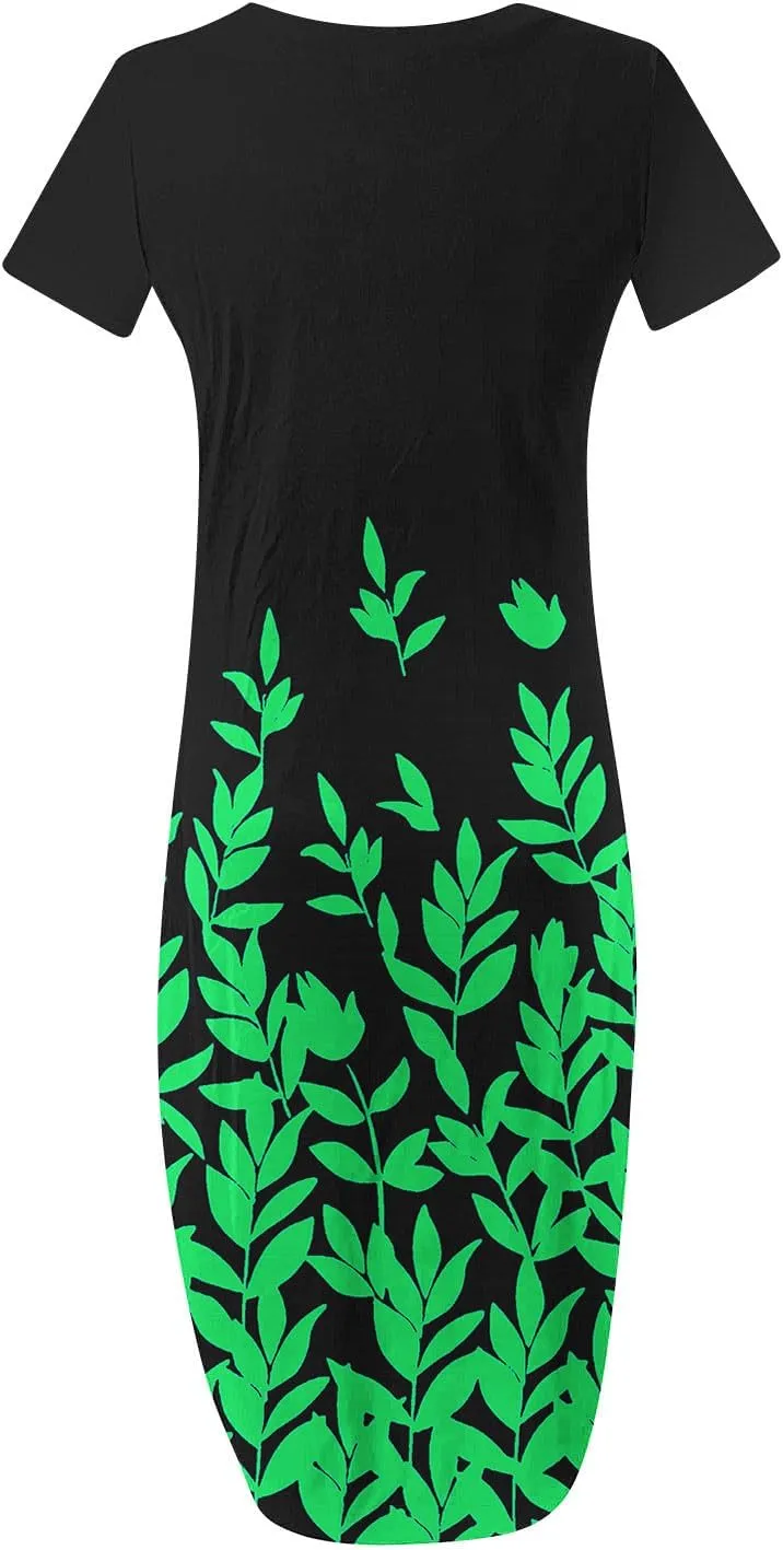 Maxi Dresses for Women Short Sleeve Colorful Flower Graphic Sundresses Loose Trendy Casual Long Dresses