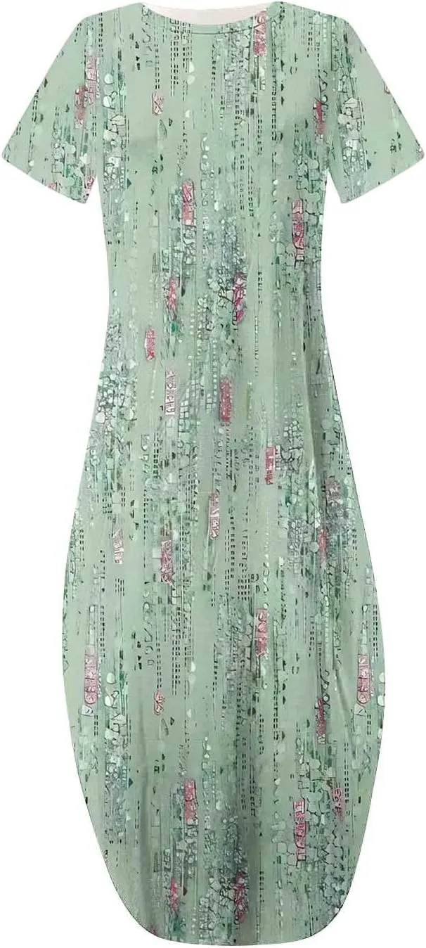 Maxi Dresses for Women Short Sleeve Colorful Flower Graphic Sundresses Loose Trendy Casual Long Dresses