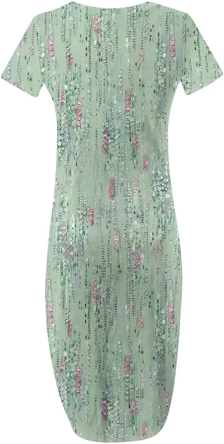 Maxi Dresses for Women Short Sleeve Colorful Flower Graphic Sundresses Loose Trendy Casual Long Dresses