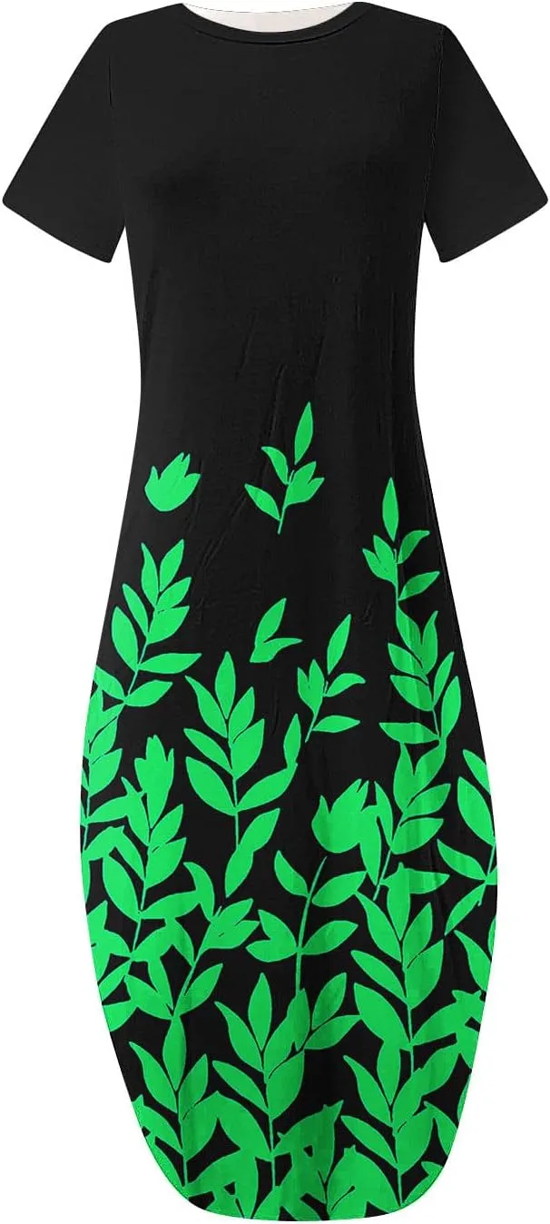 Maxi Dresses for Women Short Sleeve Colorful Flower Graphic Sundresses Loose Trendy Casual Long Dresses