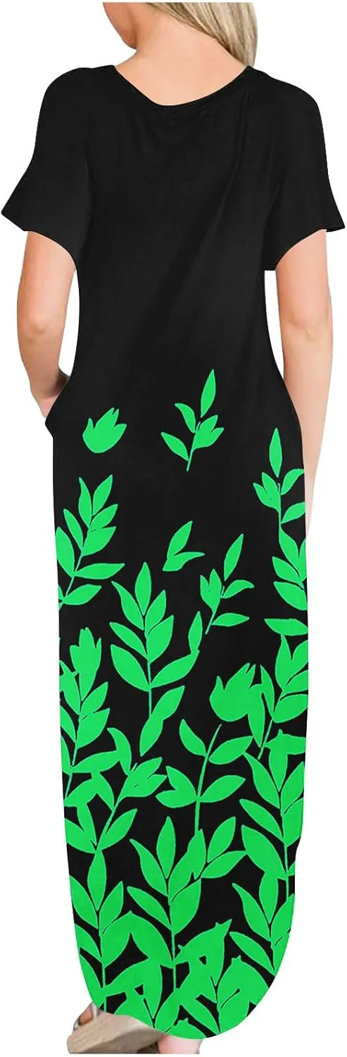 Maxi Dresses for Women Short Sleeve Colorful Flower Graphic Sundresses Loose Trendy Casual Long Dresses
