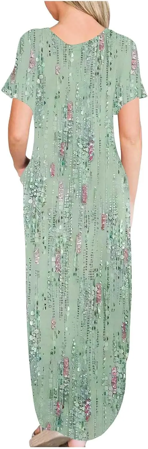 Maxi Dresses for Women Short Sleeve Colorful Flower Graphic Sundresses Loose Trendy Casual Long Dresses
