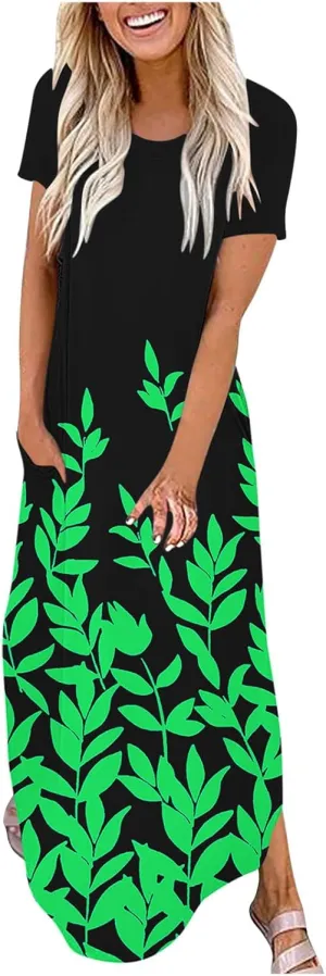 Maxi Dresses for Women Short Sleeve Colorful Flower Graphic Sundresses Loose Trendy Casual Long Dresses