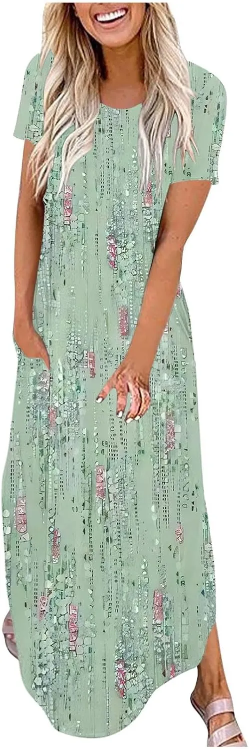 Maxi Dresses for Women Short Sleeve Colorful Flower Graphic Sundresses Loose Trendy Casual Long Dresses