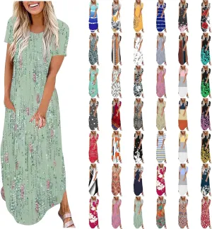 Maxi Dresses for Women Short Sleeve Colorful Flower Graphic Sundresses Loose Trendy Casual Long Dresses