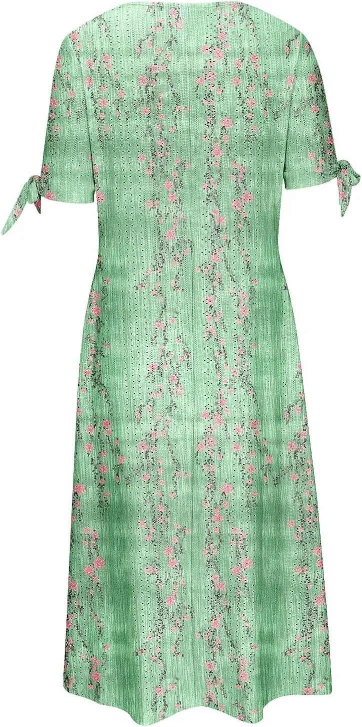Maxi Long Dresses for Women 2025 Trendy Short Sleeve Eyelet Tshirt Dress Casual Summer Beach Vacation Sundress