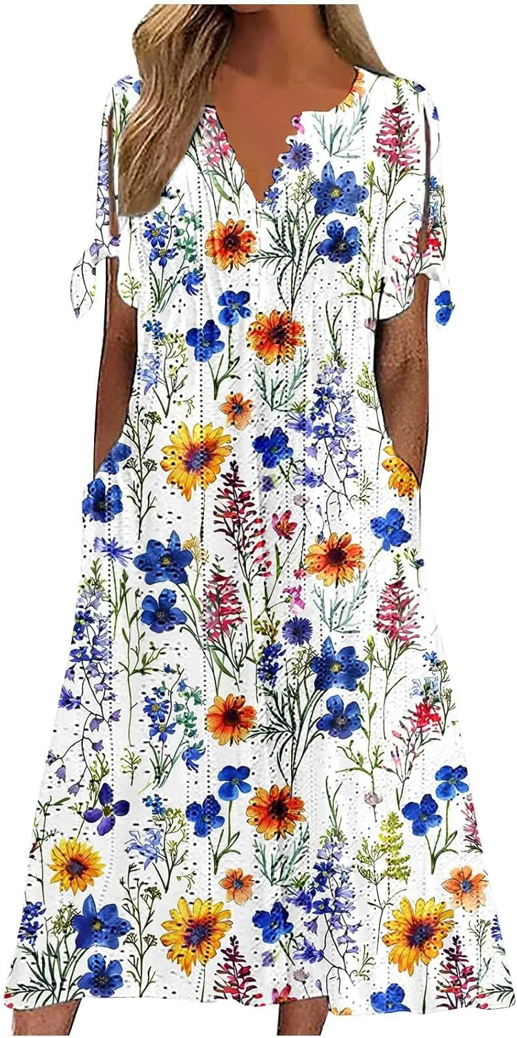 Maxi Long Dresses for Women 2025 Trendy Short Sleeve Eyelet Tshirt Dress Casual Summer Beach Vacation Sundress