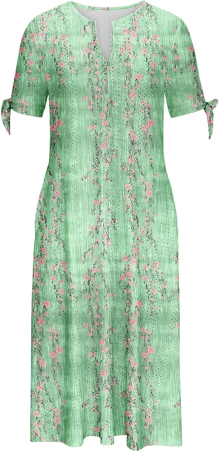 Maxi Long Dresses for Women 2025 Trendy Short Sleeve Eyelet Tshirt Dress Casual Summer Beach Vacation Sundress