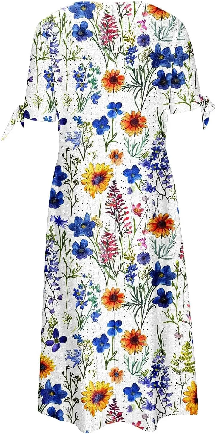 Maxi Long Dresses for Women 2025 Trendy Short Sleeve Eyelet Tshirt Dress Casual Summer Beach Vacation Sundress