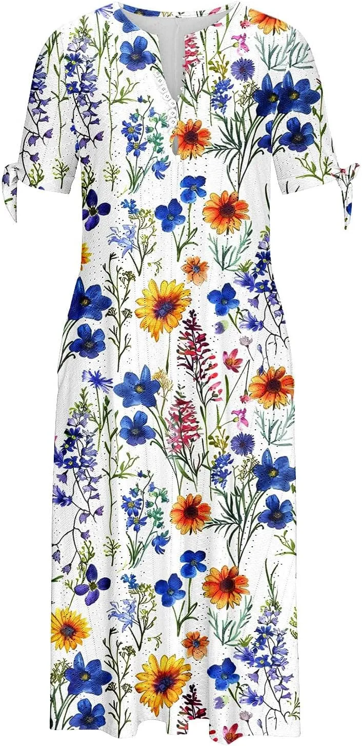 Maxi Long Dresses for Women 2025 Trendy Short Sleeve Eyelet Tshirt Dress Casual Summer Beach Vacation Sundress