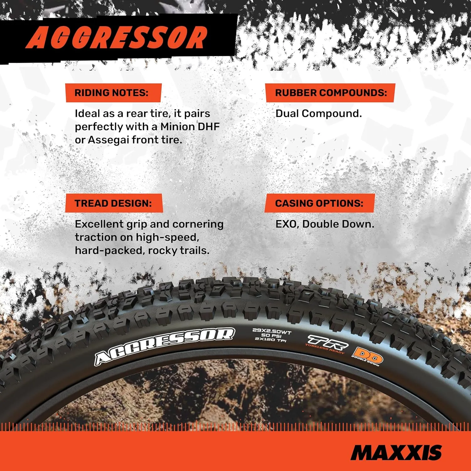 Maxxis Aggressor - Dual Compound - 29, 27.5, 26 - EXO, DD - E25 Rating, Tubeless | Primarily Intended for Rear Wheel Use